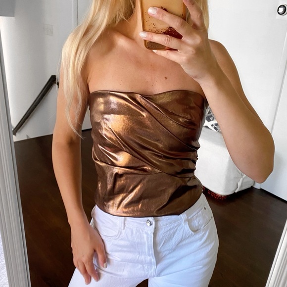 🌟 ZARA COPPER FAUX LEATHER METALLIC OPEN SHOULDER CROP TOP! - Picture 4 of 15